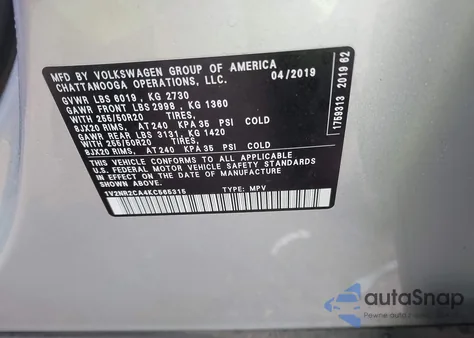 2019 Volkswagen Atlas 3.6L V6 Sel Premium z USA, uszkodzony, nr VIN 1V2NR2CA4KC565315